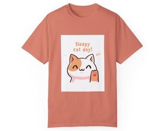 Cat T-shirt, adorable "Sleepy cat day" Unisex Garment-Dyed T-shirt, choice of colours and sizes available!