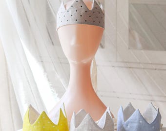 Linen Birthday Crown for Kids - Natural with Black Dots, Adjustable Fabric Crown, Toddler Dress Up, Prince Princess Hat, Keepsake Headpiece