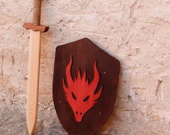 Personalized Dragon Wooden Shield and Sword Set, Custom Engraved Medieval Wall Decor, Fantasy Weapon Prop for Adult Cosplay, Gift for Son