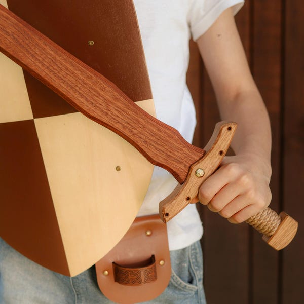 Wooden Knight Play Set, Kids Wooden Sword & Shield Set with Leather Holder, Handmade Toy for Kids, Pretend Play Toy, Handmade Waldorf Toy
