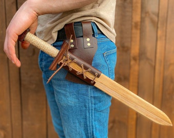 Houten zwaard met leren schede, speelgoedzwaard voor kinderen, ridderzwaard, krijgerzwaard, zwaardriem, zwaardhouderschede, Vikingriem, middeleeuwse riem