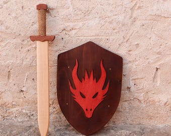 Dragon Wooden Shield and Sword Set, Brown Medieval Knight Toy, Pretend Play Wood Armor, Montessori Waldorf Toy, Boy Birthday Warrior Gift