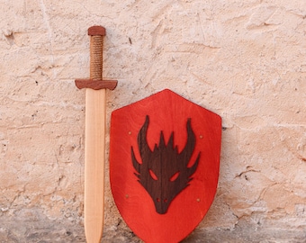 Dragon Wooden Shield and Sword Set, Red Medieval Knight Toy, Pretend Play Wood Armor, Montessori Waldorf Toy, Ash Wood Sword, Gift for Boy
