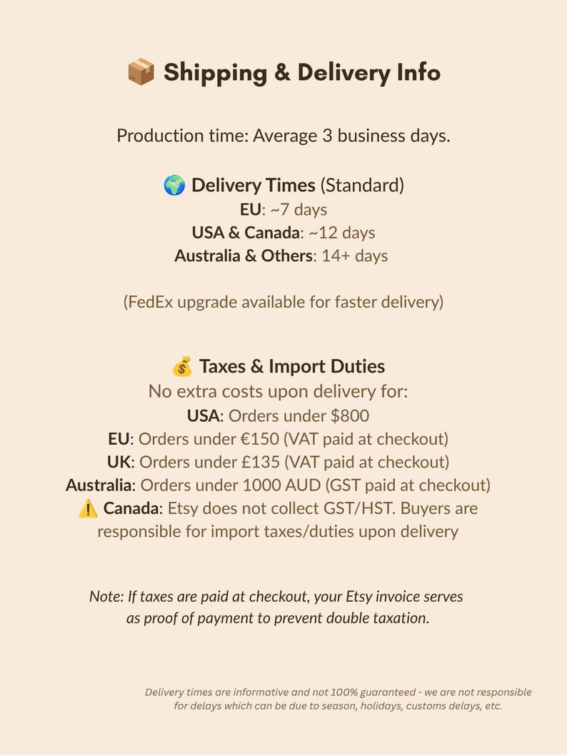 May include: An informational graphic with a light beige background featuring dark brown text regarding shipping, delivery times, and tax policies for various regions including the USA, Canada, the EU, the UK, and Australia, with icons for a box, globe, and money bag.
