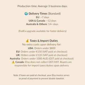 May include: An informational graphic with a light beige background featuring dark brown text regarding shipping, delivery times, and tax policies for various regions including the USA, Canada, the EU, the UK, and Australia, with icons for a box, globe, and money bag.