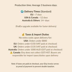 May include: An informational graphic with a light beige background featuring dark brown text regarding shipping, delivery times, and tax policies for various regions including the USA, Canada, the EU, the UK, and Australia, with icons for a box, globe, and money bag.