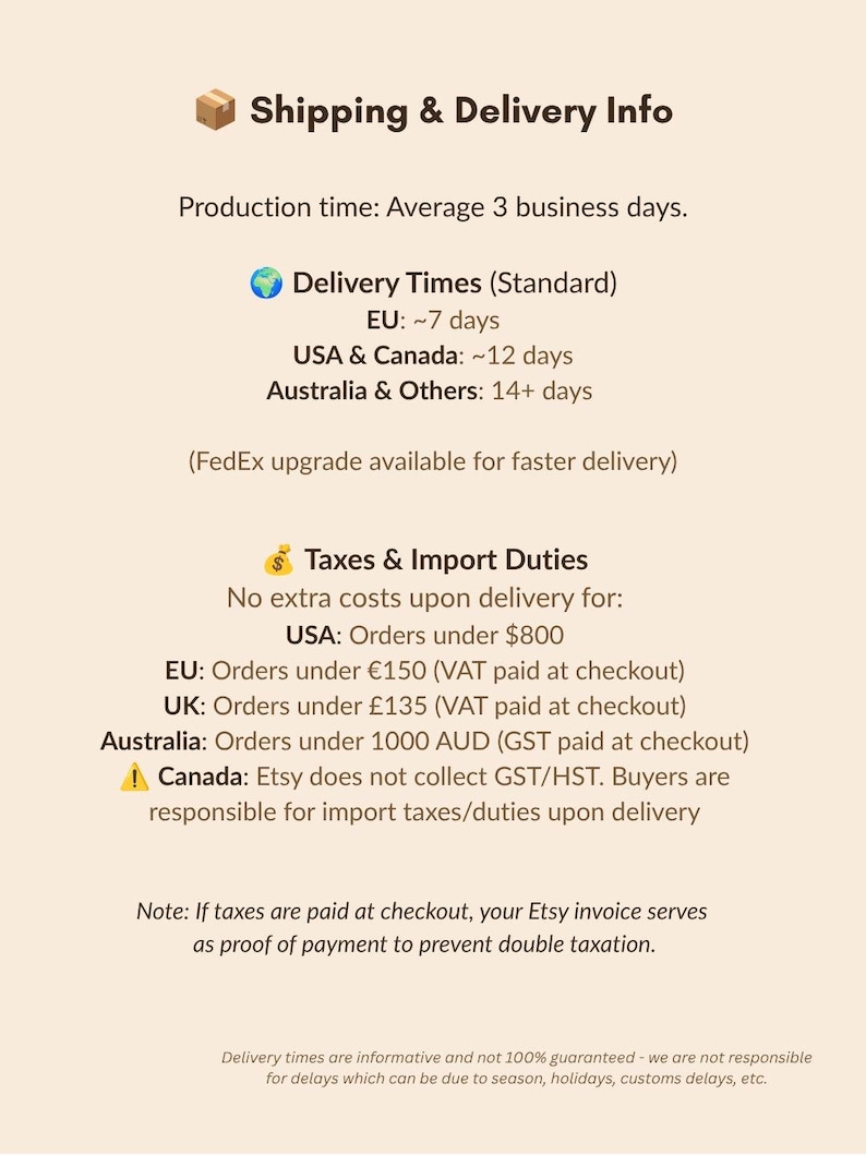May include: An informational graphic with a light beige background featuring dark brown text regarding shipping, delivery times, and tax policies for various regions including the USA, Canada, the EU, the UK, and Australia, with icons for a box, globe, and money bag.