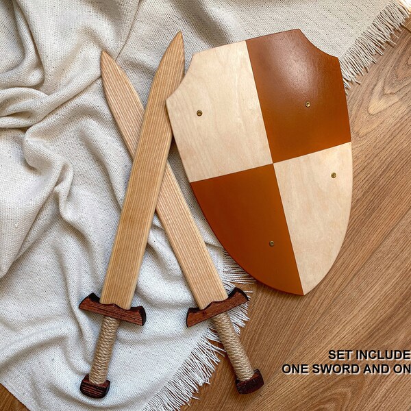 Set of Personalized Wooden Sword with Wooden Shield, Wooden Weapon Toy, Pretend Play Toy, Outdoor Games For Kids, Wooden Toy For Kids