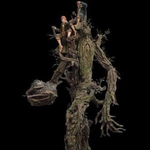 May include: A detailed, hand-painted, resin statue of Treebeard, an Ent from the Lord of the Rings, standing tall with two figures climbing on his branches. The statue is painted in shades of brown, green, and gray, with intricate details on the bark and branches.