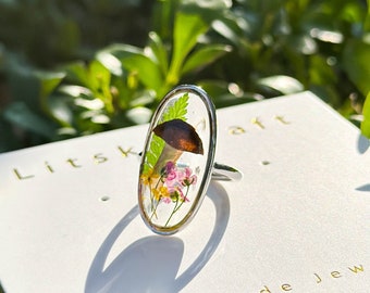 Adjustable Real Mushroom Flower Ring, Handmade Pressed Flower Ring, Nature Jewelry, Dired Flower Resin Ring, Birth Anniversary Gift For Her