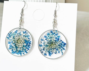 Lace Resin Flower Earrings, Handmade Pressed Real Flower Resin Earrings, Dired Flower Silver Earring, Moon Dangle Drop Earring, Gift for Her