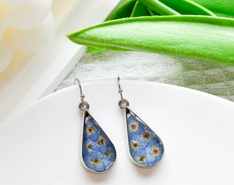 Forget Me Not Resin Flower Earrings, Handmade Pressed Real Flower Resin Earring, Dired Flower Dangle Drop Earring, Mother's Day Gift For Her