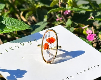 Adjustable Baby&#39;s Breath Real Flower Ring, Handmade Pressed Flower Resin Ring, Dired Flower Nature Jewelry, Mother&#39;s Day Anniversary Gift