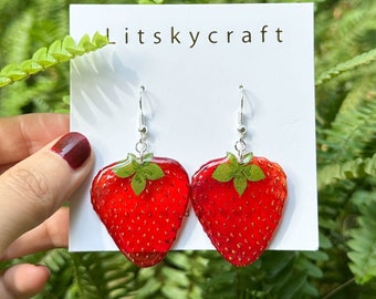 Real Strawberry Resin Fruit Earrings, Handmade Pressed Strawberry Earrings, Dired Strawberry Dangle Drop Earrings, Graduation Gifts For Her