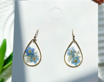 Forget Me Not Resin Flower Earrings, Handmade Pressed Real Flower Resin Earrings, Dangle Drop Earrings, Dired Flower Earrings, Birthday Gift