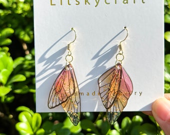 Butterfly Wing Resin Earrings, Handmade Fairy Butterfly Wing Jewerly, Gold Statement Dangle Drop Earring, Birthday Mother's Day Gift for Her