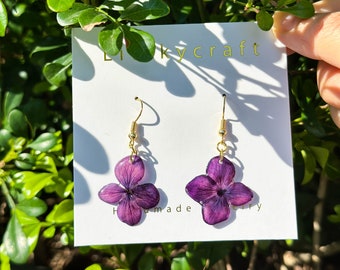 Real Hydrangea Flower Earrings, Handmade Pressed Hydrangea Flower Resin Earrings, Dired Flower Dangle Drop Earrings, Christmas Gift For Her