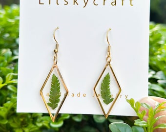 Real Fern leaves Earrings, Handmade Pressed Leaf Earrings, Dired Green Leaves Resin Earrings, Diamond Jewelry, Birth Christmas Gift For Her