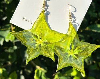Real Resin Carambola Fruit Earrings, Handmade Pressed Starfruit Resin Fruit Dangle Drop Earrings, Dired Starfruit Earrings, GraduationGift