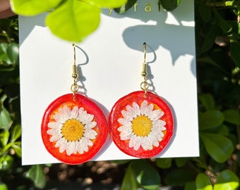 Cherry Tomato Real Fruit Earrings, Handmade Pressed Daisy Flower Resin Earrings, Dired Flower Dangle Drop Earrings, Christmas Birthday Gift