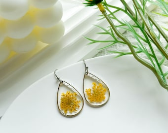 Silver Lace Resin Flower Earrings, Handmade Pressed Real Flower Resin Earrings, Dired Flower Dangle Drop Earrings, Mother's Day Gift For Her