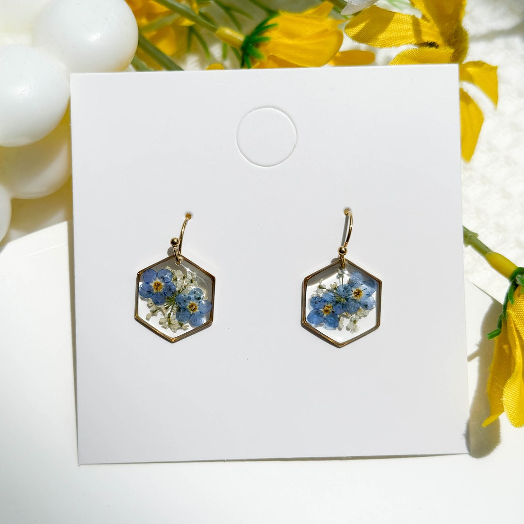 Gold Me Not Flower Earrings, Handmade Pressed Real Flower Resin
