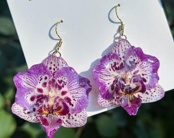 Real Orchid Flower Earrings, Handmade Pressed Orchid Flower Resin Jewelry, Dried Flower Dangle Drop Earring, Christmas Birthday Gift For Her
