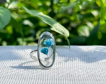 Real Baby's Breath Ring,Adjustable Pressed Flower Resin Ring,Dired Flower Nature Jewelry,Anniversary Gift,Real Blue White Orange Flower Ring