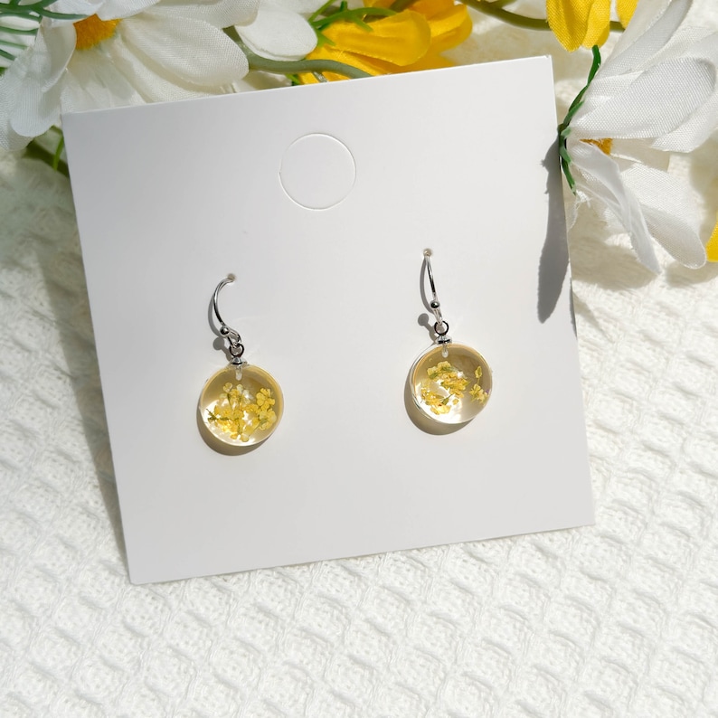 Real Yellowe Lace Resin Flower Earrings, Handmade Pressed Flower Earrings, Dangle Drop Earrings, Dired Flower Earring, Mother's Day Gifts image 3