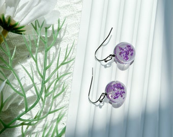 Real Resin Purple Lace Flower Earrings, Handmade Pressed Flower Resin Earring, Dangle Drop Earrings, Dired Flower Earring, Mother's Day Gift