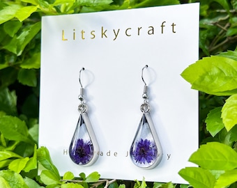 Purple Real Daisy Flower Earrings, Handmade Pressed Flower Resin Earrings, Dired Flower Dangle Drop Earring, Birthday Christmas Gift For Her