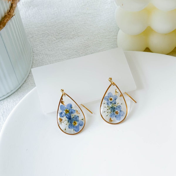 14K Gold Forget Me Not Real Flower Earrings, Handmade Pressed Flower Resin Earrings, Dangle Drop Earring, Dired Flower Jewelry, Gift For Her