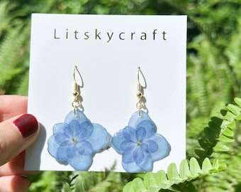 Real Hydrangea Flower Earrings, Handmade Pressed Hydrangea Flower Resin Earrings, Dired Flower Dangle Drop Earrings, Birthday Gift For Her
