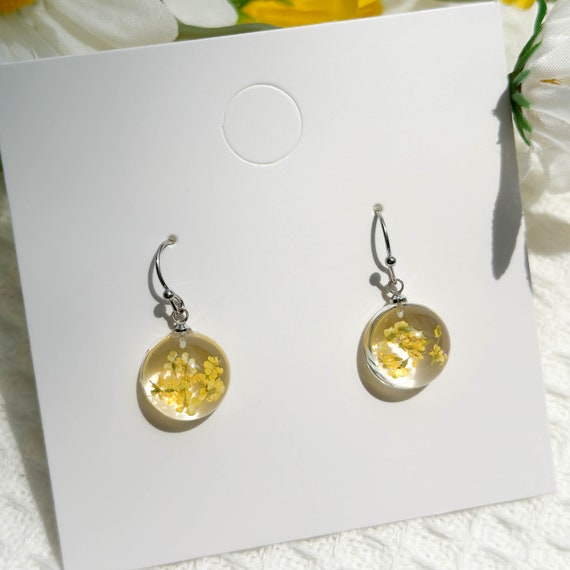 Real Yellowe Lace  Resin Flower Earrings, Handmade Pressed Flower Earrings, Dangle Drop Earrings, Dired Flower Earring, Mother's Day Gifts