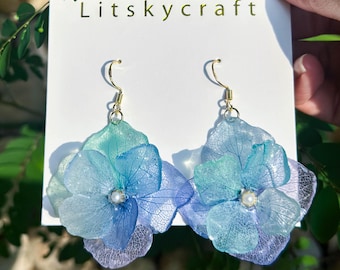 Real Hydrangea Flower Earrings, Handmade Pressed Hydrangea Flower Resin Earrings, Dried Flower Dangle Drop Earrings, Christmas Gift For Her