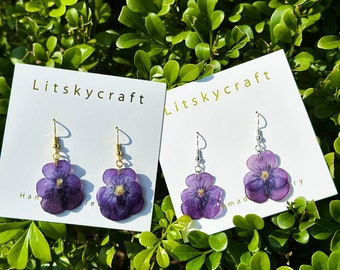 Real Pansy Resin Violet Flower Earrings, Pressed Handmade Flower Resin Earrings, Dired Flower Earrings, Dangle Drop Earring, Handmade Gift