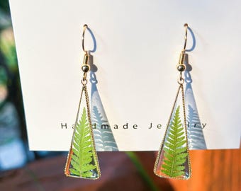 Kerstboom echte varenblad oorbellen, gedroogd groen blad hangoorbellen, handgemaakte geperste bladeren hars sieraden, kerstcadeau voor haar