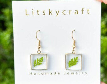 Real Fern leaves Earrings, Handmade Pressed Leaf Earrings, Resin Green Leaves Earrings, Dired Leaf Earrings, Christmas Birthday Gift For Her