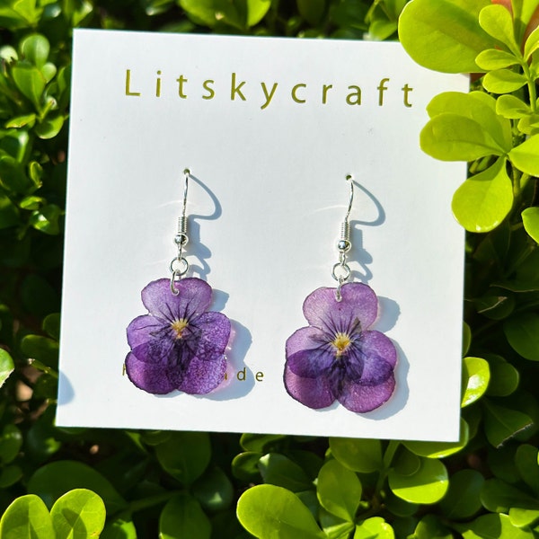 Handmade Resin Violet Flower Earrings, Pressed Real Flower Resin Earrings, Dired Flower Earrings, Dangle Drop Earring, Birthday Gift For Her