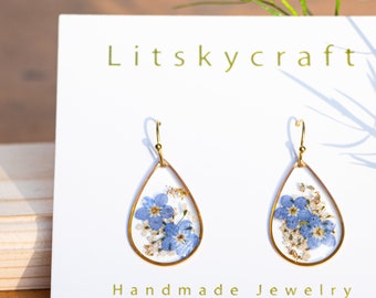 Gold Forget Me Not Flower Earrings, Handmade Pressed Real Flower Resin Earrings, Dangle Drop Earrings, Dired Flower Earrings, Birthday Gift