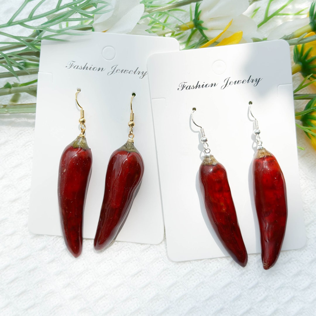 Real Resin Hot Chilli Pepper Earrings, Handmade Pressed Chilli Resin