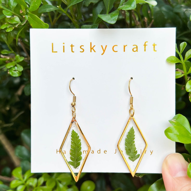 Real Fern leaves Earrings, Handmade Pressed Leaf Earrings, Dired Green Leaves Resin Earrings, Diamond Jewelry, Birth Christmas Gift For Her image 3