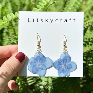 Real Hydrangea Flower Earrings, Handmade Pressed Hydrangea Flower Resin Earrings, Dired Flower Dangle Drop Earrings, Birthday Gift For Her zdjęcie 9