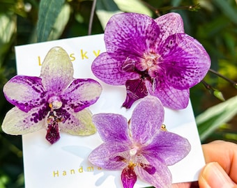 Real Orchid Flower Earrings, Handmade Pressed Orchid Flower Resin Jewelry, Dried Flower Dangle Drop Earring, Christmas Birthday Gift For Her