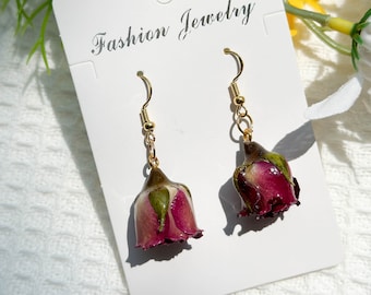 Real Rose Flower Earrings, Handmade Pressed Rose Flower Resin Earrings, Dired Flower Dangle Drop Earrings, Birthday Christmas Gifts For Her