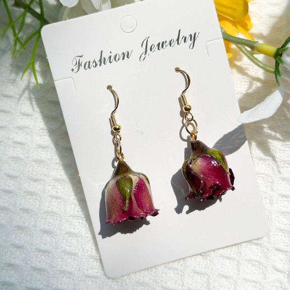 Real Rose Flower Earrings Handmade Pressed Rose Flower Resin Earrings Dired Flower Dangle Drop Earrings Birthday Christmas Gifts For Her