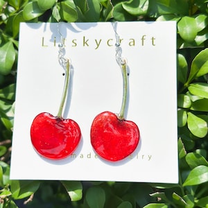 Handmade Real Cherry Fruit Earrings, Pressed Cherry Resin Earrings, Cute Creative Dired Fruit Dangle Drop Earrings, Christmas Gifts For Her
