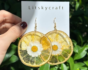 Real Lime Resin Fruit Earrings, Handmade Pressed Daisy Jewelry, Dired Lime Flower Dangle Drop Earrings, Birth Thanksgiving Day Gift For Her