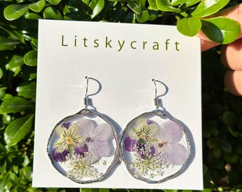 Handmade Real Pansy Earrings, Pressed Hydrangea Flower Resin Earrings, Dried Lace Flower Dangle Drop Earrings Jewelry, Birthday Gift For Her