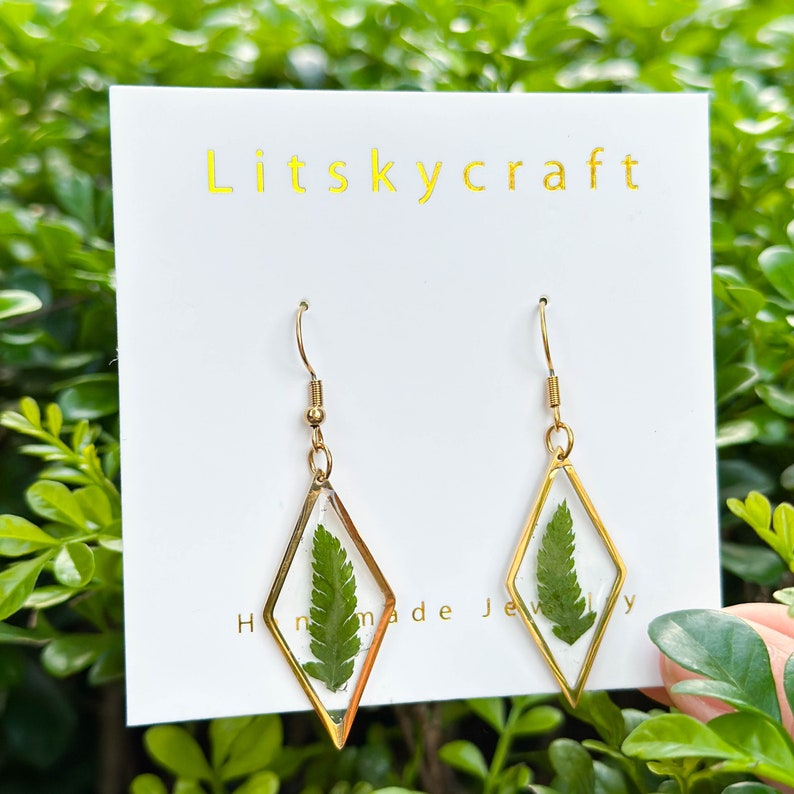 Real Fern leaves Earrings, Handmade Pressed Leaf Earrings, Dired Green Leaves Resin Earrings, Diamond Jewelry, Birth Christmas Gift For Her image 8